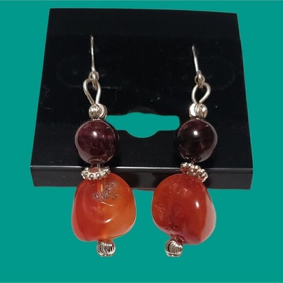 Earrings Handmade with Garnet and Carnelian on Silver Plated findings - Picture 1 of 4